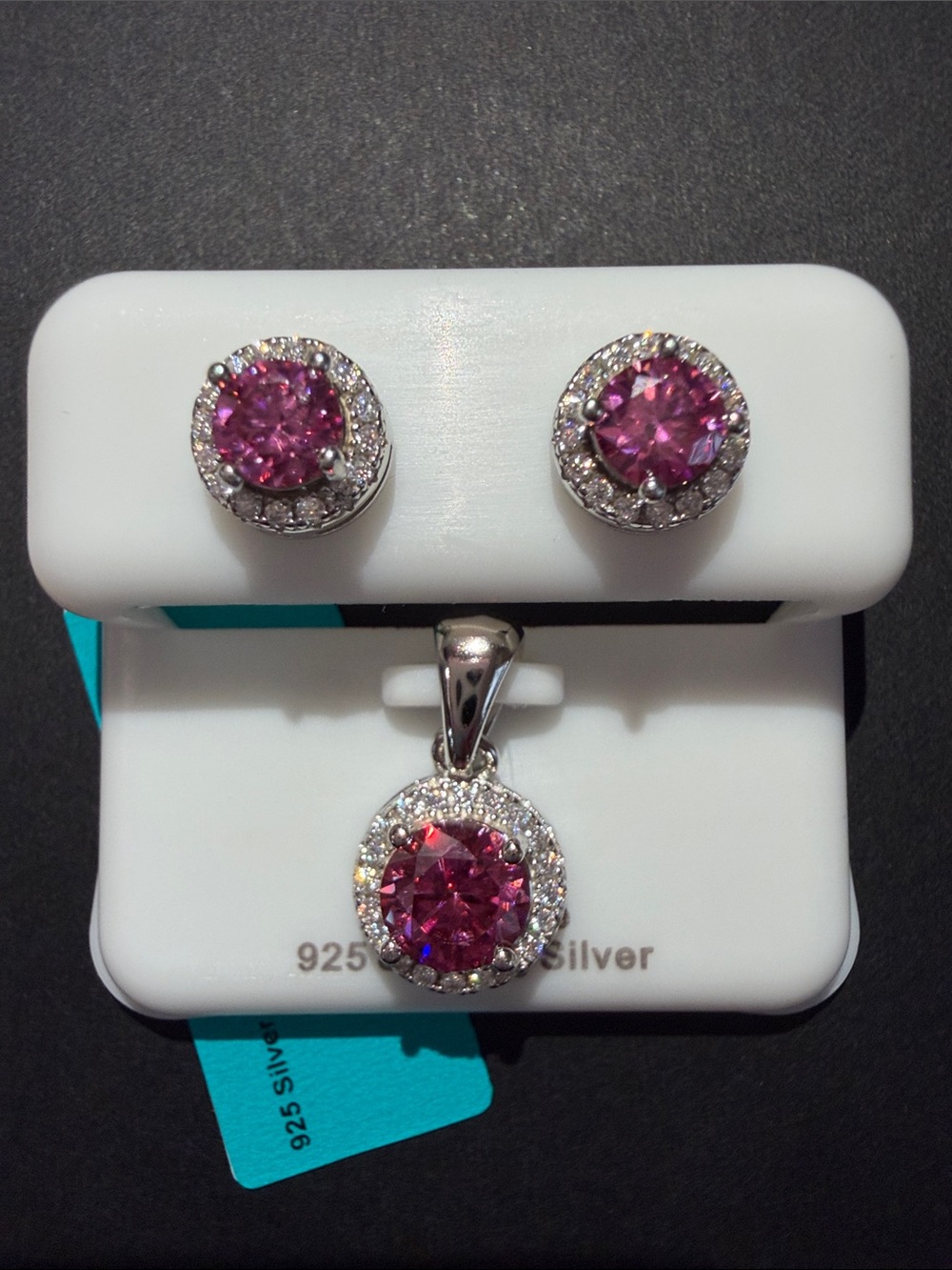 Sterling Silver Pink Halo Pendant and Stud Earring Set